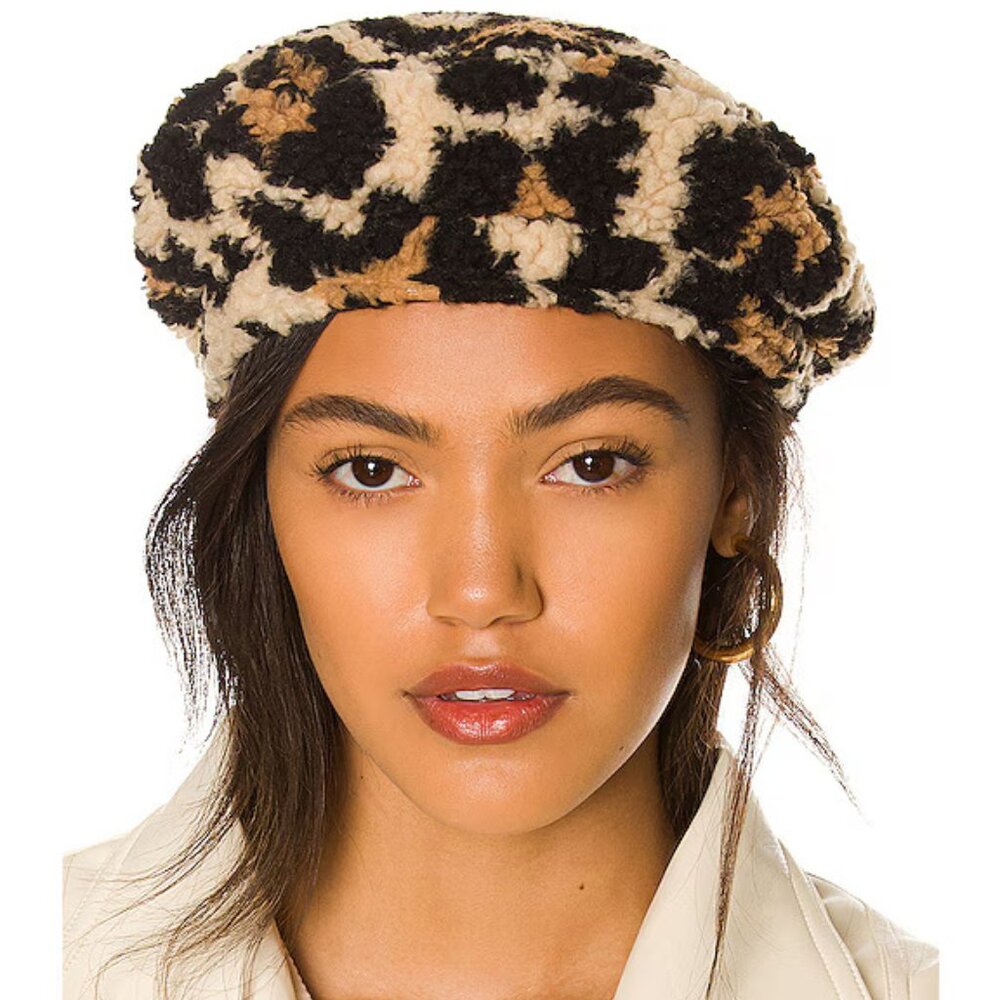 Brixton Fiddler Beret Cap Hat Sherpa Leopard Animal Print, Women's MEDIUM NEW